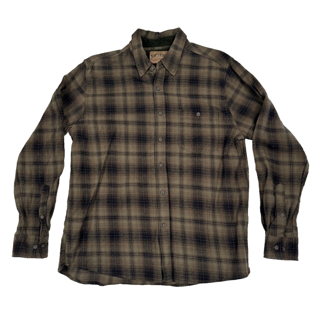North River Dark Brown Plaid Lightweight Flannel Button Up Shirt (Large)